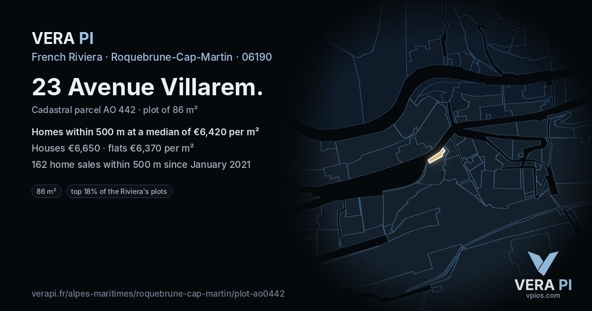 23 Avenue Villarem, Roquebrune-Cap-Martin at night – the plot lit, the parcels around coloured by the prices near them