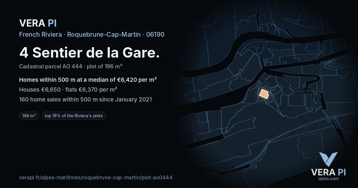 4 Sentier de la Gare, Roquebrune-Cap-Martin at night – the plot lit, the parcels around coloured by the prices near them