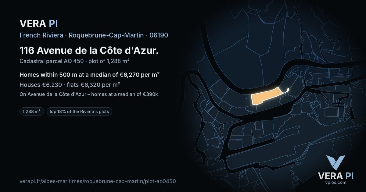 116 Avenue de la Côte d'Azur, Roquebrune-Cap-Martin at night – the plot lit, the parcels around coloured by the prices near them