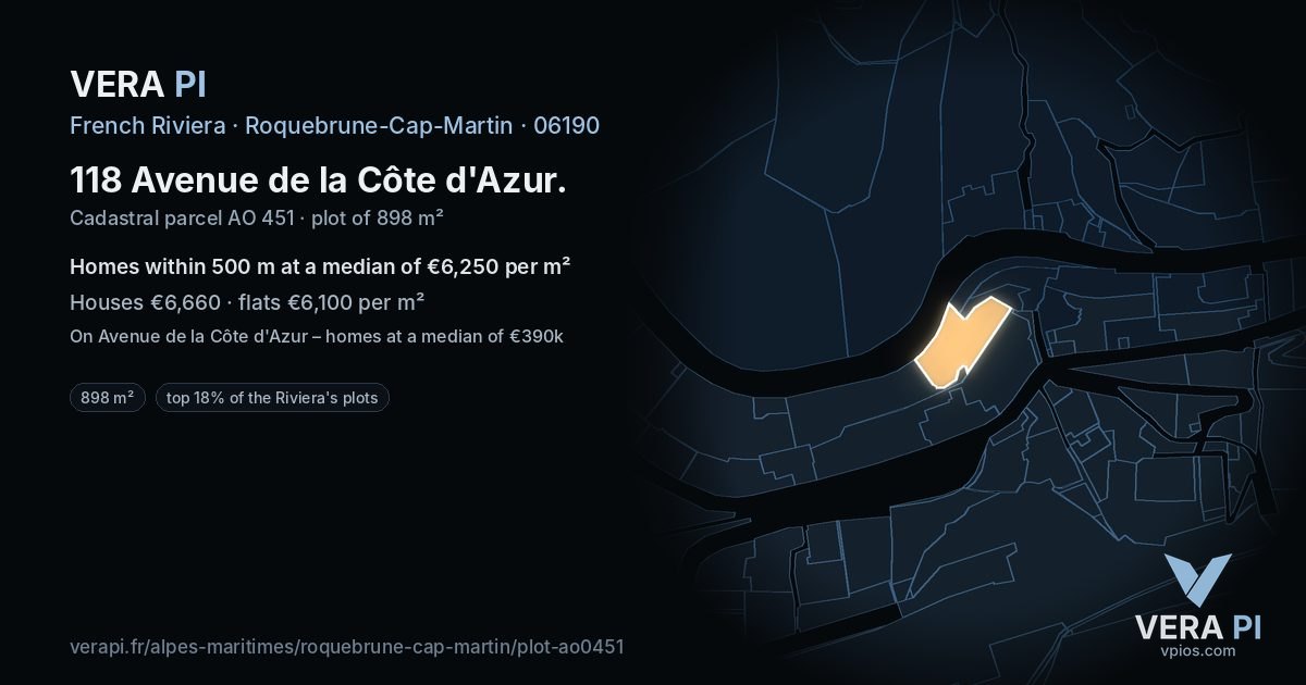 118 Avenue de la Côte d'Azur, Roquebrune-Cap-Martin at night – the plot lit, the parcels around coloured by the prices near them