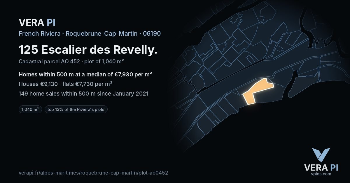 125 Escalier des Revelly, Roquebrune-Cap-Martin at night – the plot lit, the parcels around coloured by the prices near them