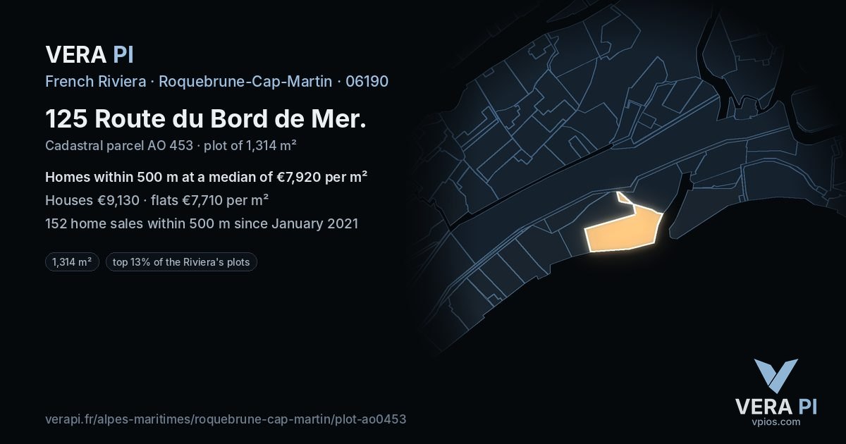 125 Route du Bord de Mer, Roquebrune-Cap-Martin at night – the plot lit, the parcels around coloured by the prices near them