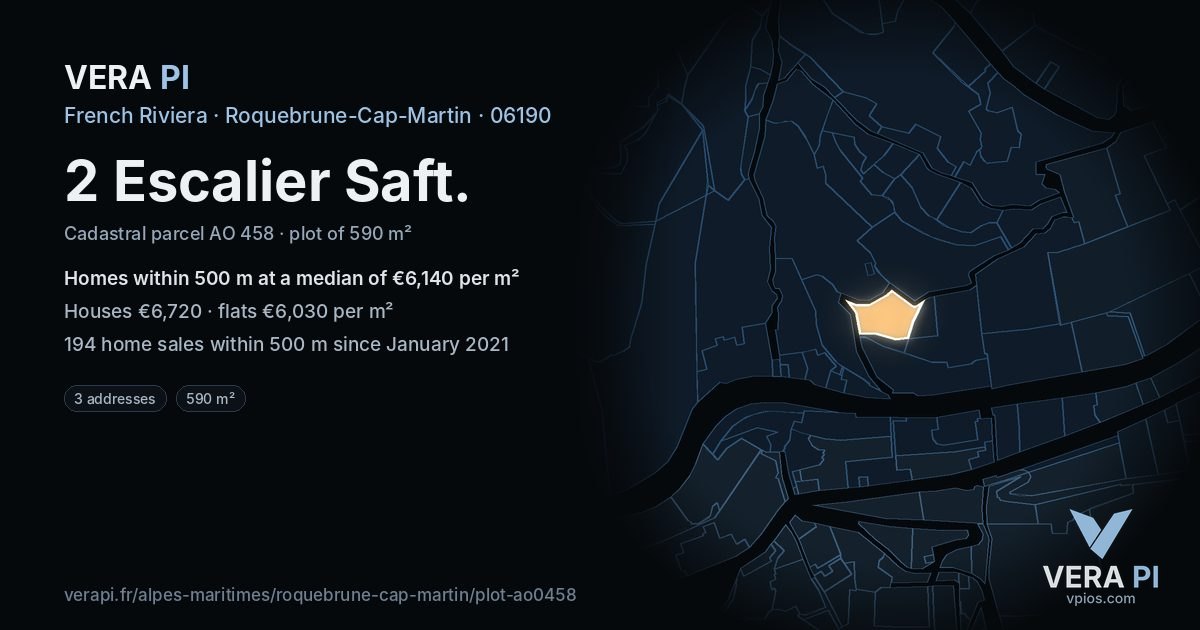 2 Escalier Saft, Roquebrune-Cap-Martin at night – the plot lit, the parcels around coloured by the prices near them