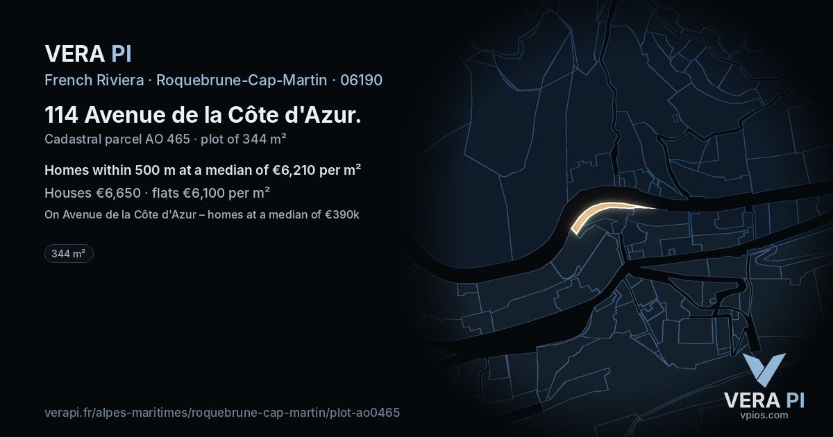 114 Avenue de la Côte d'Azur, Roquebrune-Cap-Martin at night – the plot lit, the parcels around coloured by the prices near them