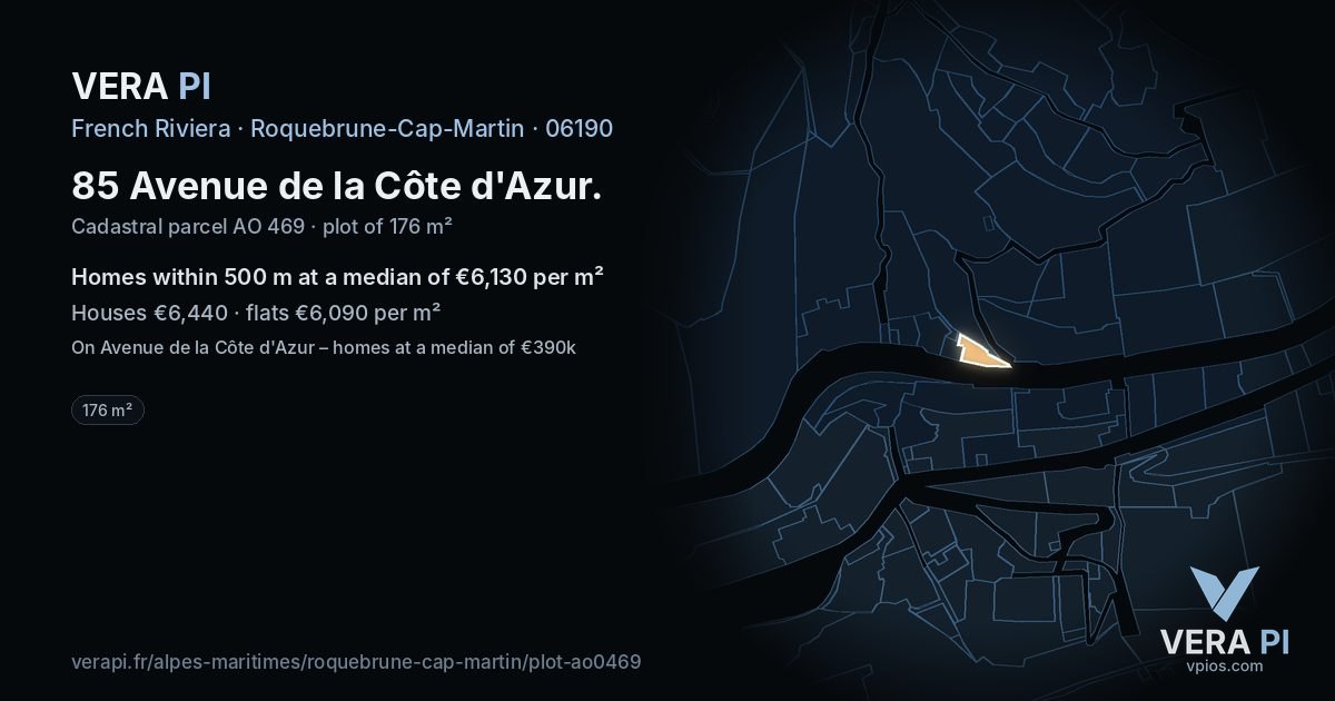 85 Avenue de la Côte d'Azur, Roquebrune-Cap-Martin at night – the plot lit, the parcels around coloured by the prices near them