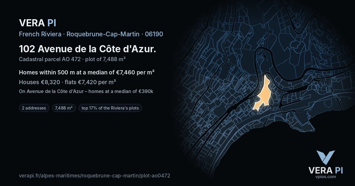 102 Avenue de la Côte d'Azur, Roquebrune-Cap-Martin at night – the plot lit, the parcels around coloured by the prices near them