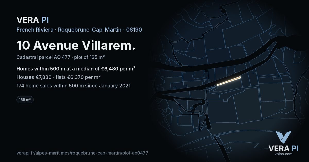 10 Avenue Villarem, Roquebrune-Cap-Martin at night – the plot lit, the parcels around coloured by the prices near them