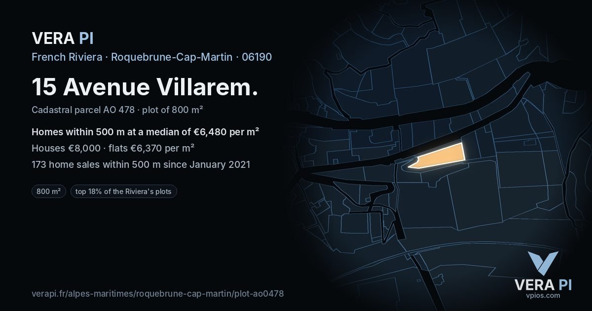 15 Avenue Villarem, Roquebrune-Cap-Martin at night – the plot lit, the parcels around coloured by the prices near them
