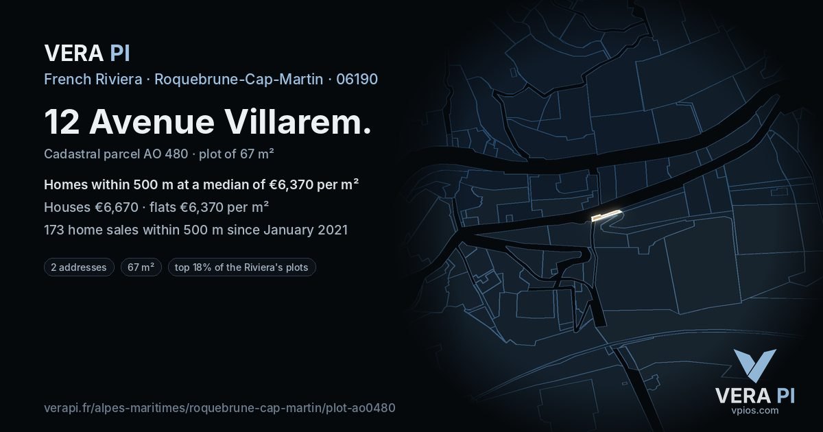 12 Avenue Villarem, Roquebrune-Cap-Martin at night – the plot lit, the parcels around coloured by the prices near them
