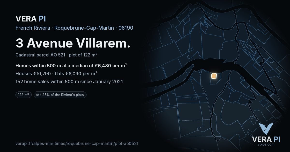 3 Avenue Villarem, Roquebrune-Cap-Martin at night – the plot lit, the parcels around coloured by the prices near them