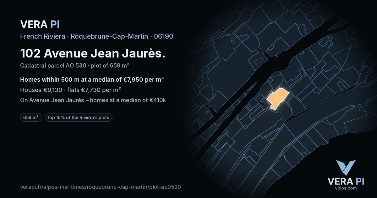 102 Avenue Jean Jaurès, Roquebrune-Cap-Martin at night – the plot lit, the parcels around coloured by the prices near them