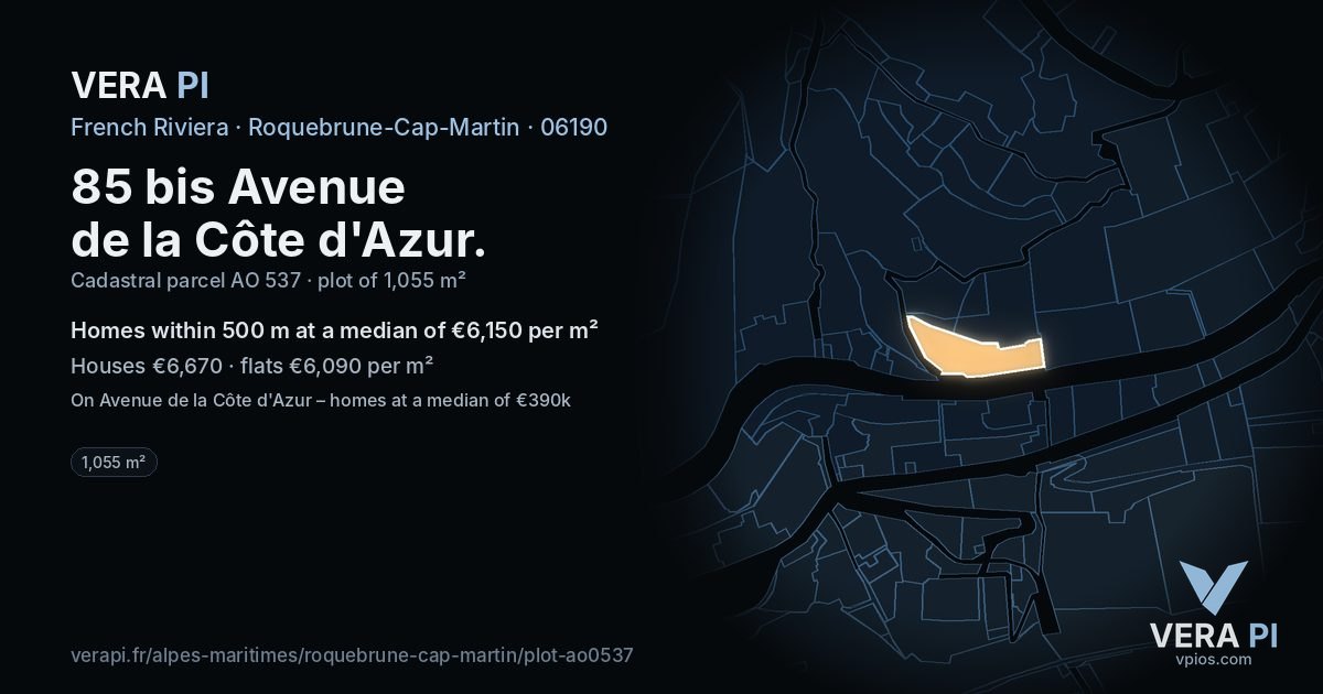 85 bis Avenue de la Côte d'Azur, Roquebrune-Cap-Martin at night – the plot lit, the parcels around coloured by the prices near them