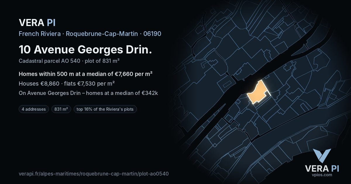 10 Avenue Georges Drin, Roquebrune-Cap-Martin at night – the plot lit, the parcels around coloured by the prices near them