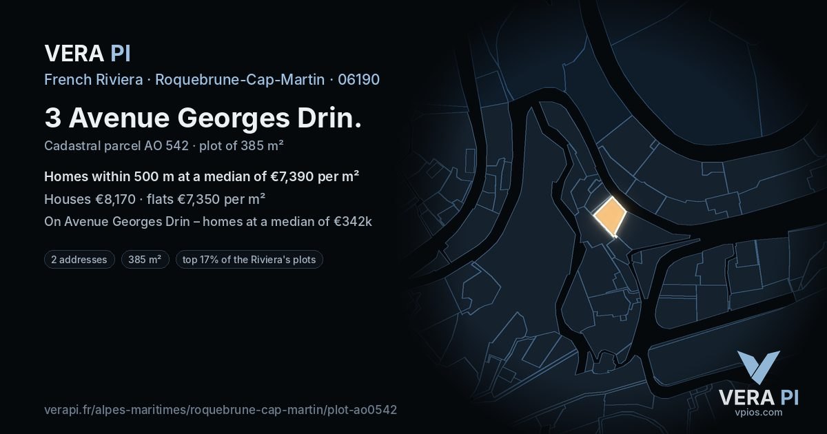 3 Avenue Georges Drin, Roquebrune-Cap-Martin at night – the plot lit, the parcels around coloured by the prices near them