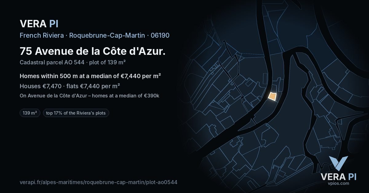 75 Avenue de la Côte d'Azur, Roquebrune-Cap-Martin at night – the plot lit, the parcels around coloured by the prices near them