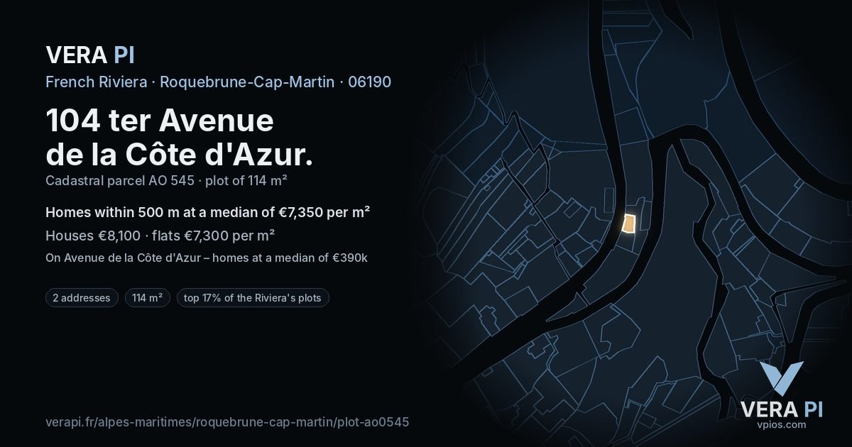 104 ter Avenue de la Côte d'Azur, Roquebrune-Cap-Martin at night – the plot lit, the parcels around coloured by the prices near them