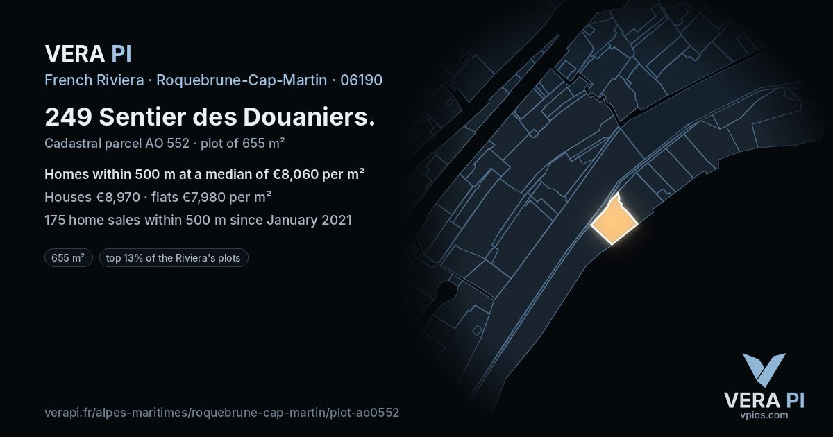 249 Sentier des Douaniers, Roquebrune-Cap-Martin at night – the plot lit, the parcels around coloured by the prices near them
