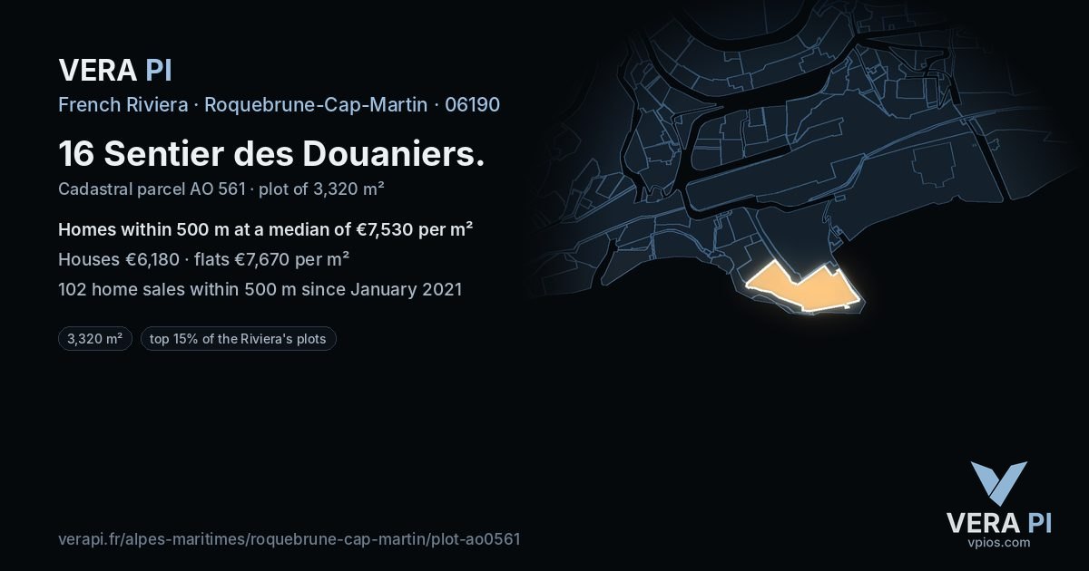 16 Sentier des Douaniers, Roquebrune-Cap-Martin at night – the plot lit, the parcels around coloured by the prices near them