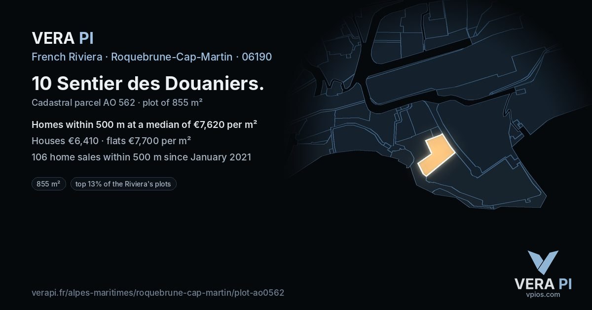 10 Sentier des Douaniers, Roquebrune-Cap-Martin at night – the plot lit, the parcels around coloured by the prices near them