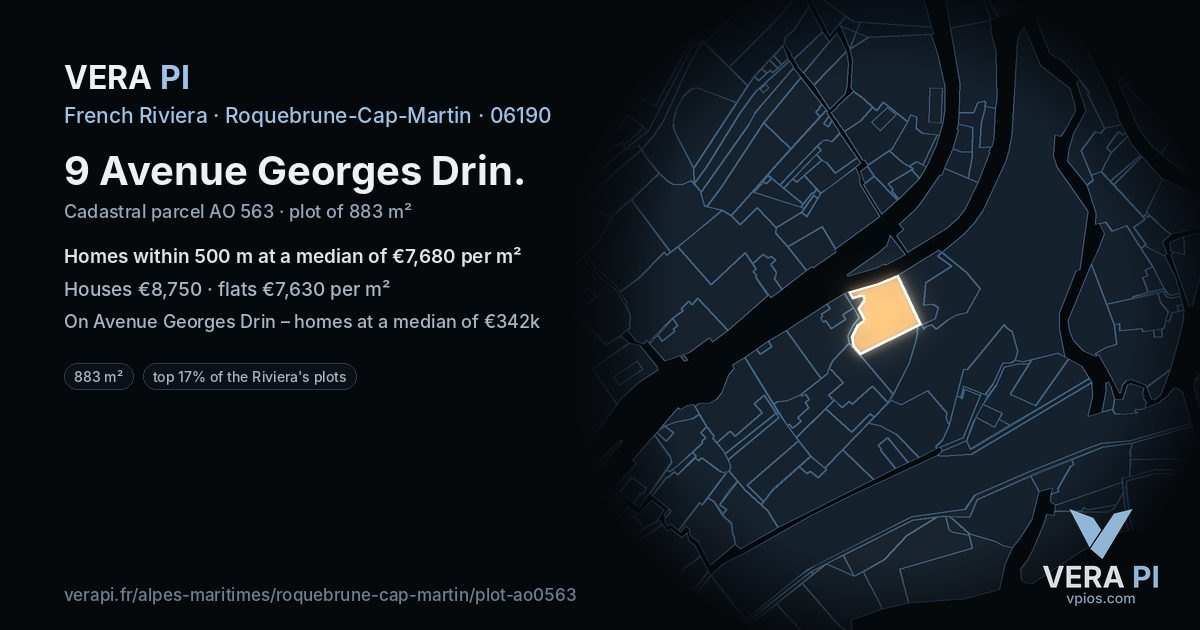 9 Avenue Georges Drin, Roquebrune-Cap-Martin at night – the plot lit, the parcels around coloured by the prices near them