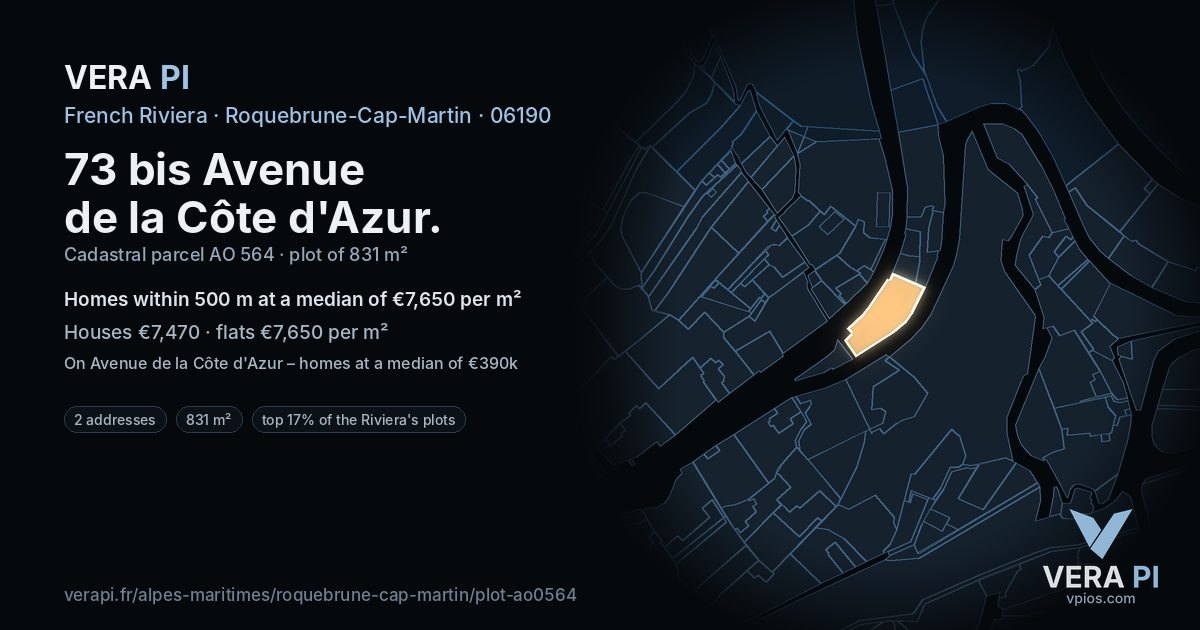 73 bis Avenue de la Côte d'Azur, Roquebrune-Cap-Martin at night – the plot lit, the parcels around coloured by the prices near them