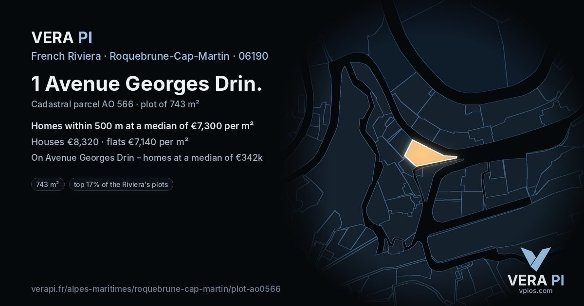 1 Avenue Georges Drin, Roquebrune-Cap-Martin at night – the plot lit, the parcels around coloured by the prices near them