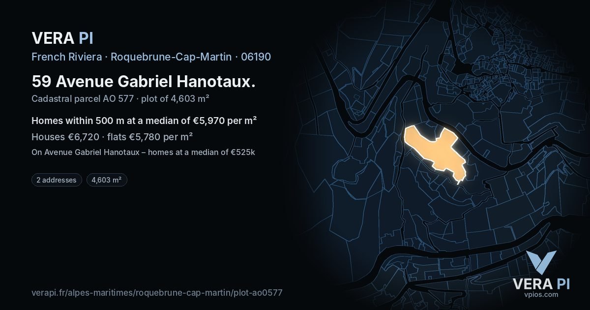 59 Avenue Gabriel Hanotaux, Roquebrune-Cap-Martin at night – the plot lit, the parcels around coloured by the prices near them