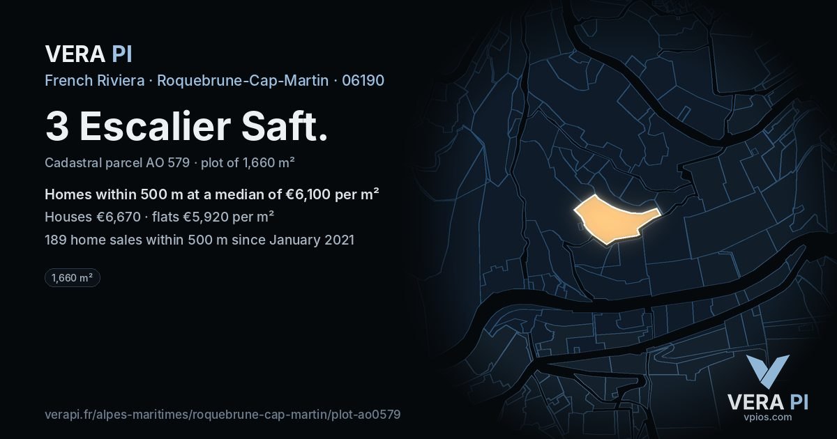3 Escalier Saft, Roquebrune-Cap-Martin at night – the plot lit, the parcels around coloured by the prices near them