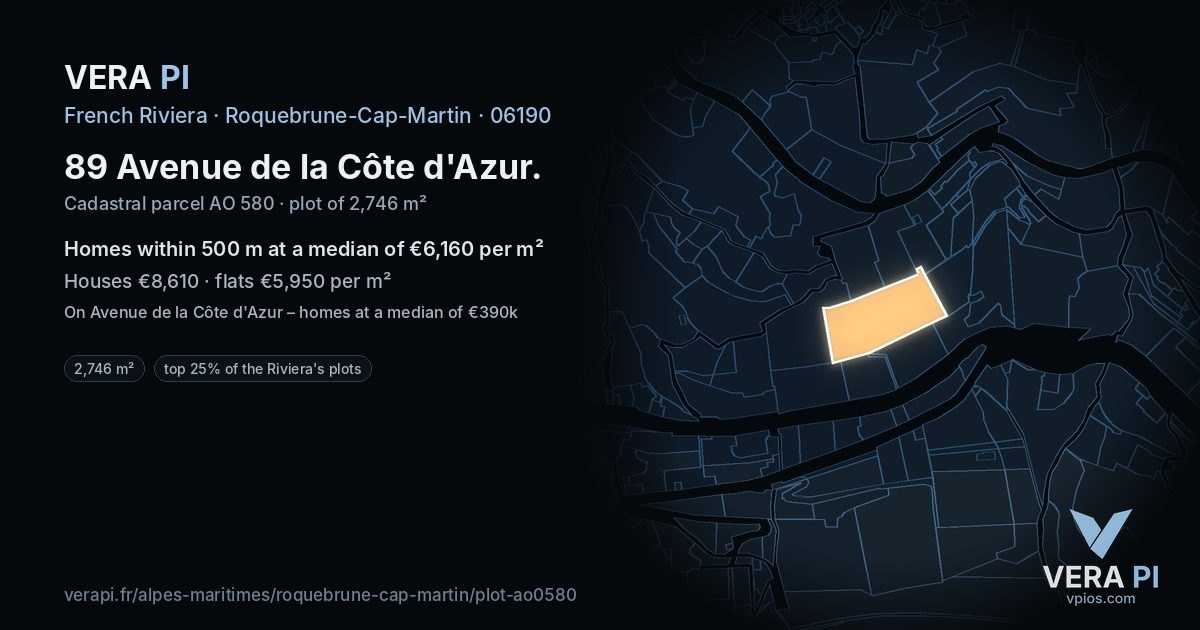89 Avenue de la Côte d'Azur, Roquebrune-Cap-Martin at night – the plot lit, the parcels around coloured by the prices near them