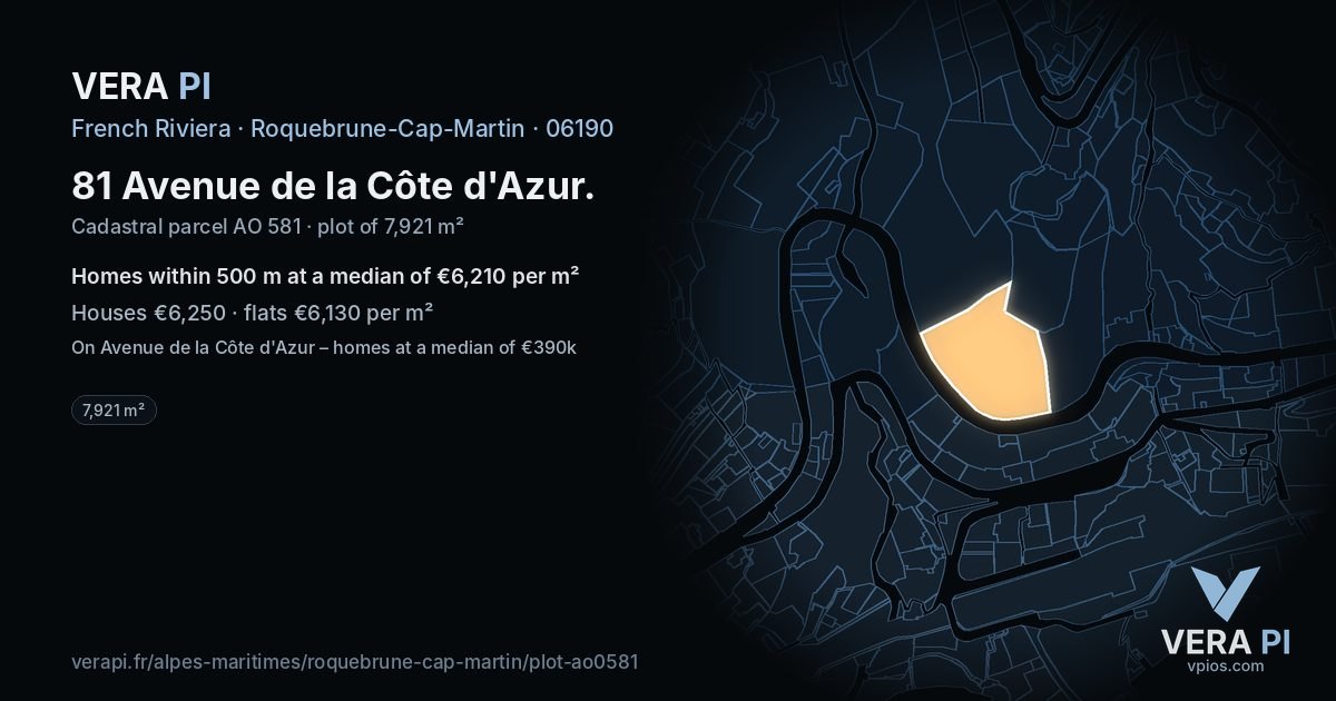 81 Avenue de la Côte d'Azur, Roquebrune-Cap-Martin at night – the plot lit, the parcels around coloured by the prices near them