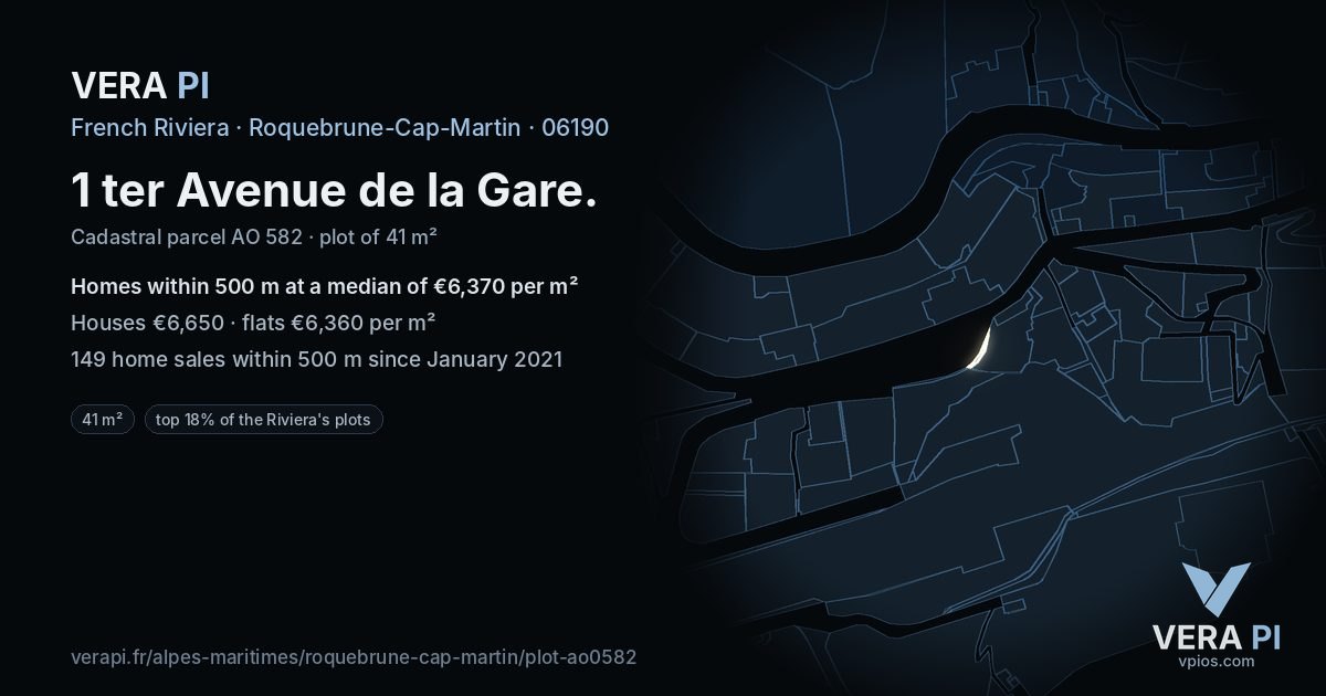 1 ter Avenue de la Gare, Roquebrune-Cap-Martin at night – the plot lit, the parcels around coloured by the prices near them