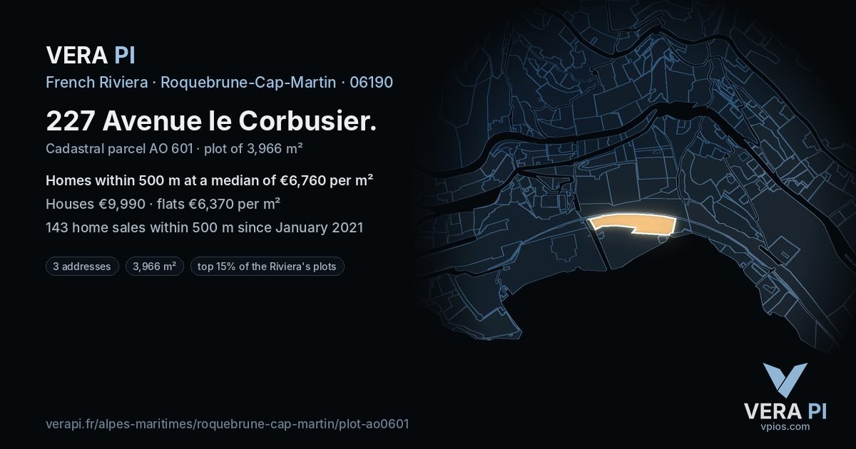 227 Avenue le Corbusier, Roquebrune-Cap-Martin at night – the plot lit, the parcels around coloured by the prices near them