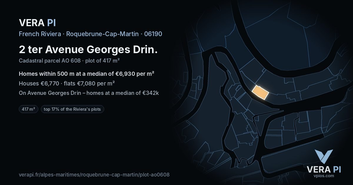 2 ter Avenue Georges Drin, Roquebrune-Cap-Martin at night – the plot lit, the parcels around coloured by the prices near them