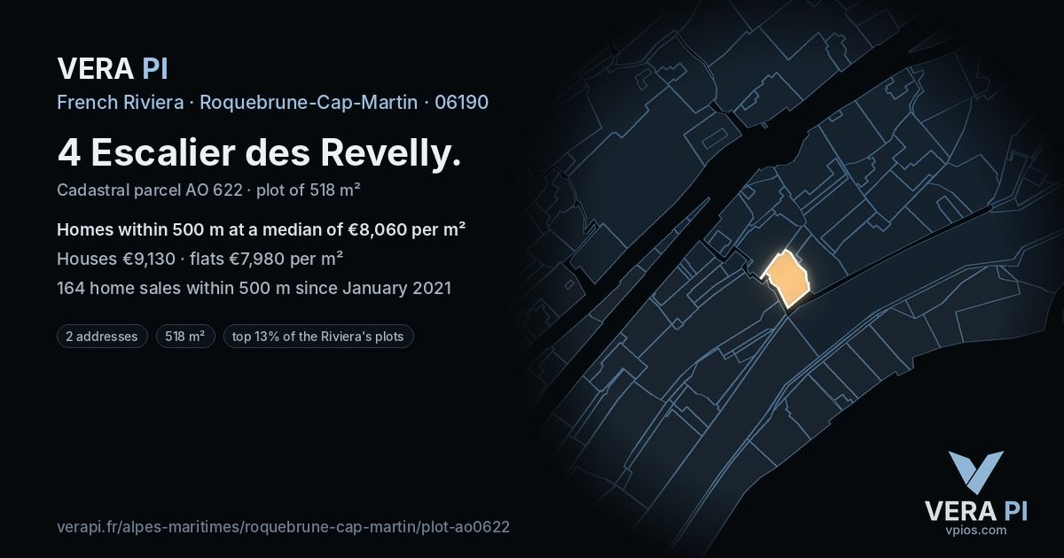 4 Escalier des Revelly, Roquebrune-Cap-Martin at night – the plot lit, the parcels around coloured by the prices near them