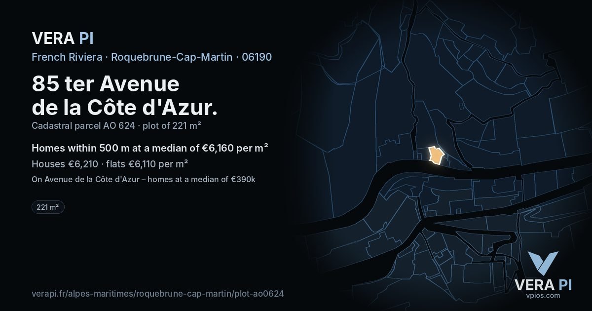 85 ter Avenue de la Côte d'Azur, Roquebrune-Cap-Martin at night – the plot lit, the parcels around coloured by the prices near them