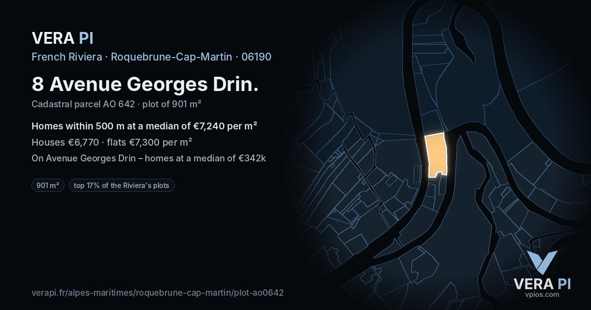 8 Avenue Georges Drin, Roquebrune-Cap-Martin at night – the plot lit, the parcels around coloured by the prices near them