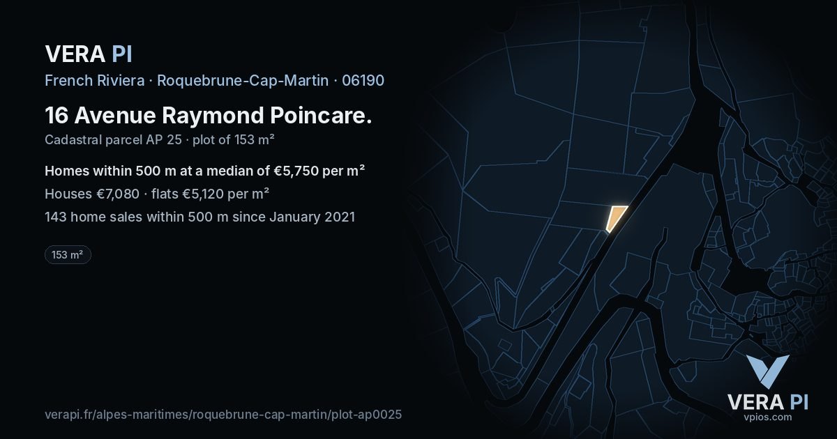 16 Avenue Raymond Poincare, Roquebrune-Cap-Martin at night – the plot lit, the parcels around coloured by the prices near them