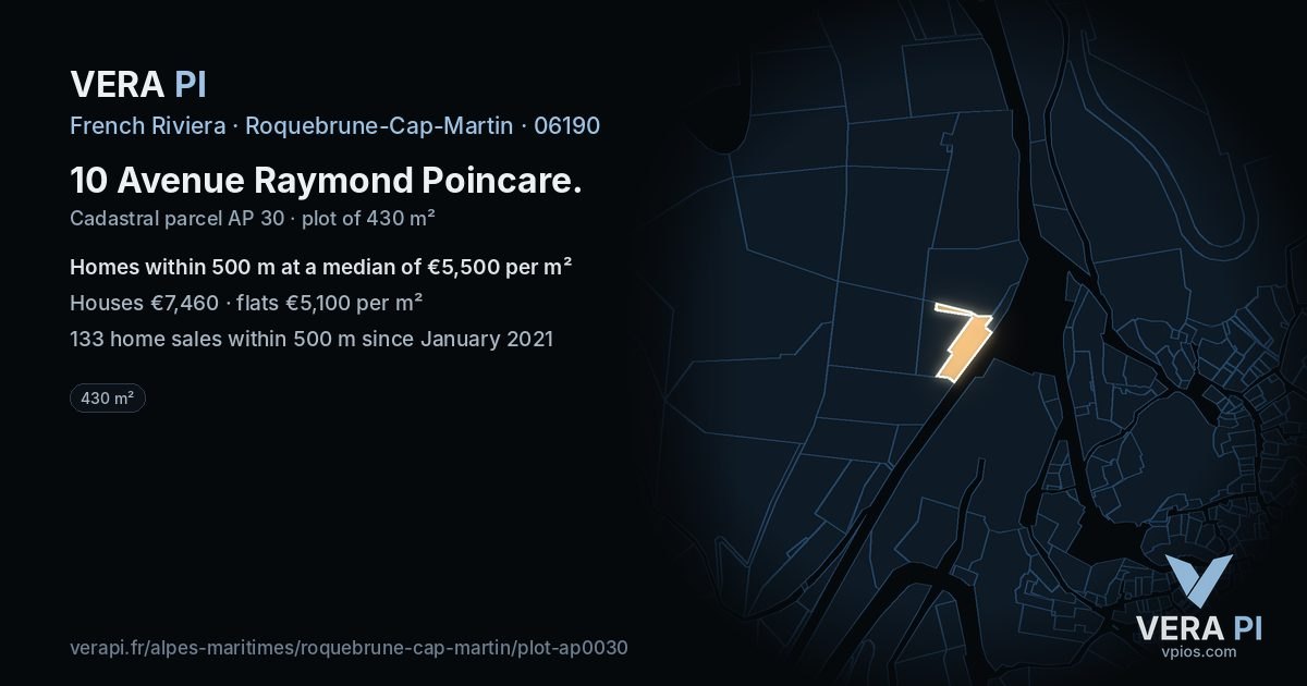 10 Avenue Raymond Poincare, Roquebrune-Cap-Martin at night – the plot lit, the parcels around coloured by the prices near them