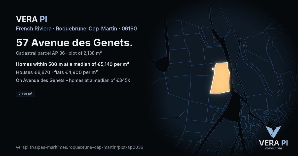 57 Avenue des Genets, Roquebrune-Cap-Martin at night – the plot lit, the parcels around coloured by the prices near them