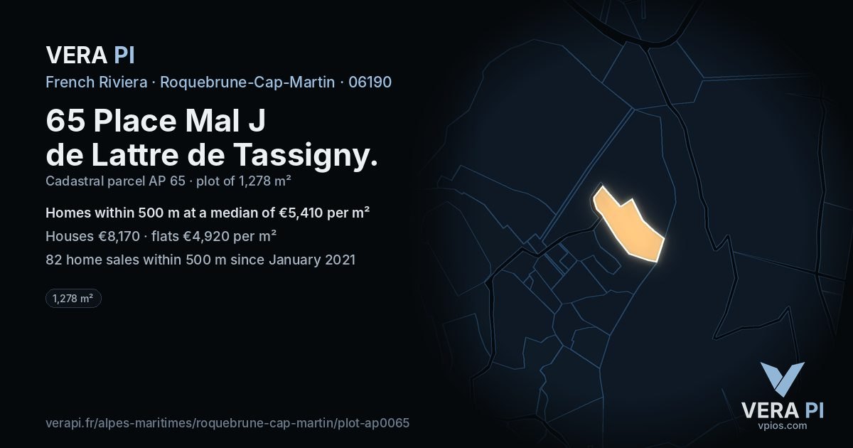 65 Place Mal J de Lattre de Tassigny, Roquebrune-Cap-Martin at night – the plot lit, the parcels around coloured by the prices near them