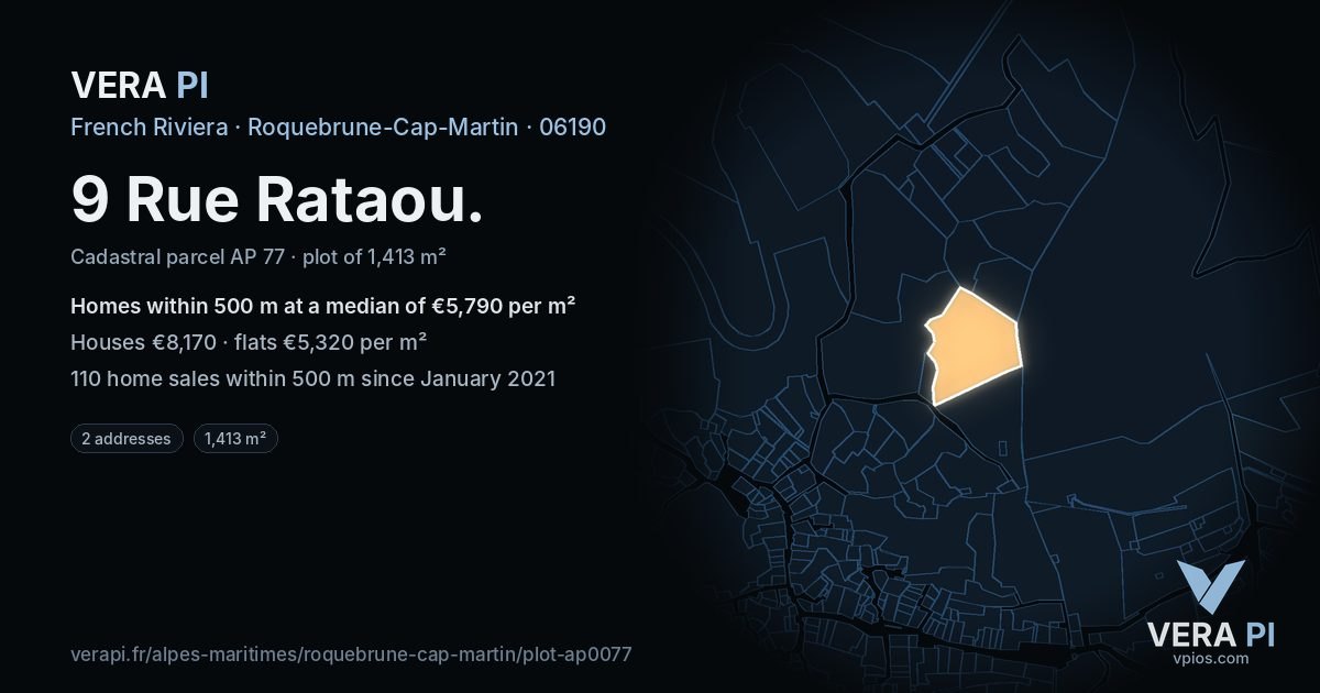 9 Rue Rataou, Roquebrune-Cap-Martin at night – the plot lit, the parcels around coloured by the prices near them