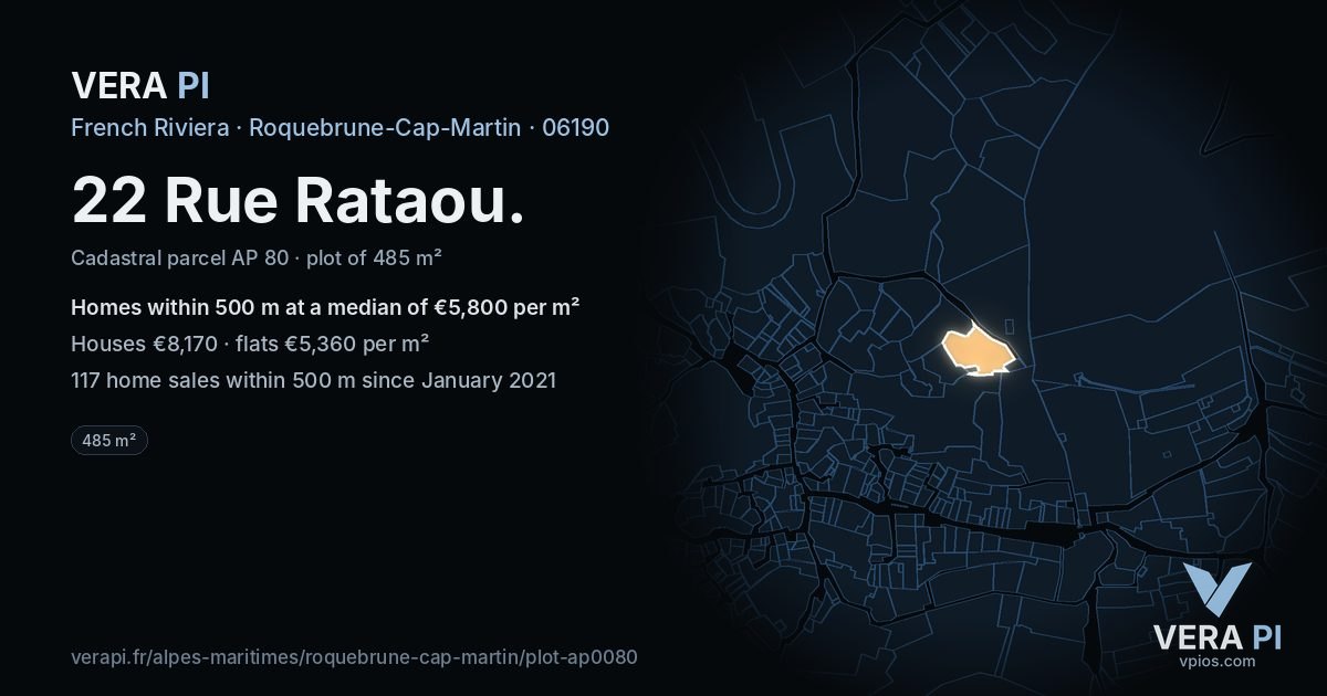 22 Rue Rataou, Roquebrune-Cap-Martin at night – the plot lit, the parcels around coloured by the prices near them