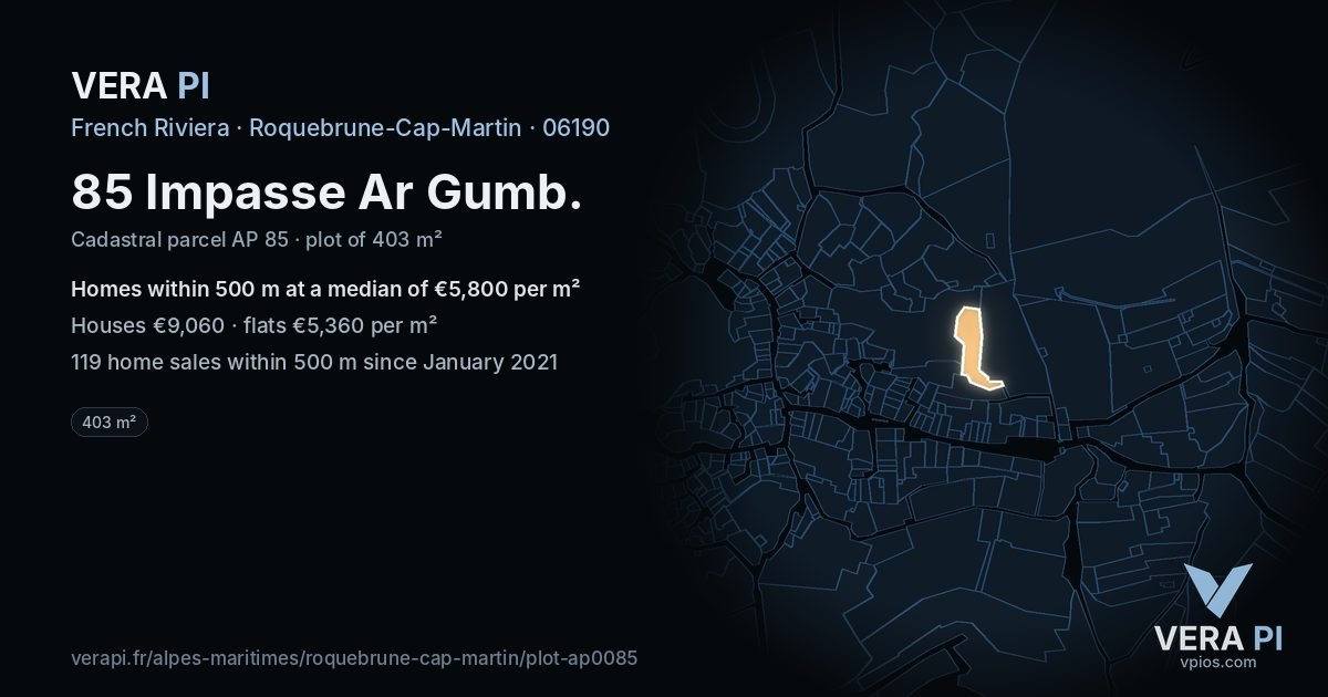 85 Impasse Ar Gumb, Roquebrune-Cap-Martin at night – the plot lit, the parcels around coloured by the prices near them