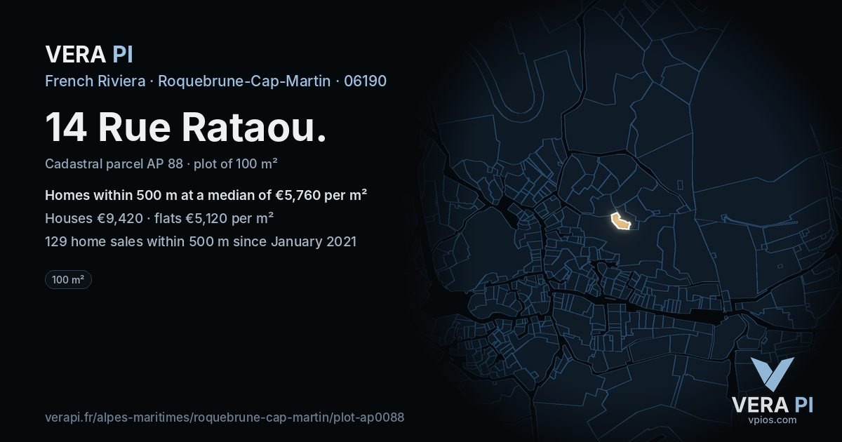 14 Rue Rataou, Roquebrune-Cap-Martin at night – the plot lit, the parcels around coloured by the prices near them