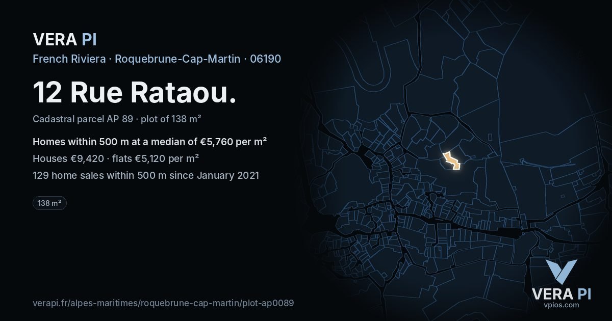 12 Rue Rataou, Roquebrune-Cap-Martin at night – the plot lit, the parcels around coloured by the prices near them