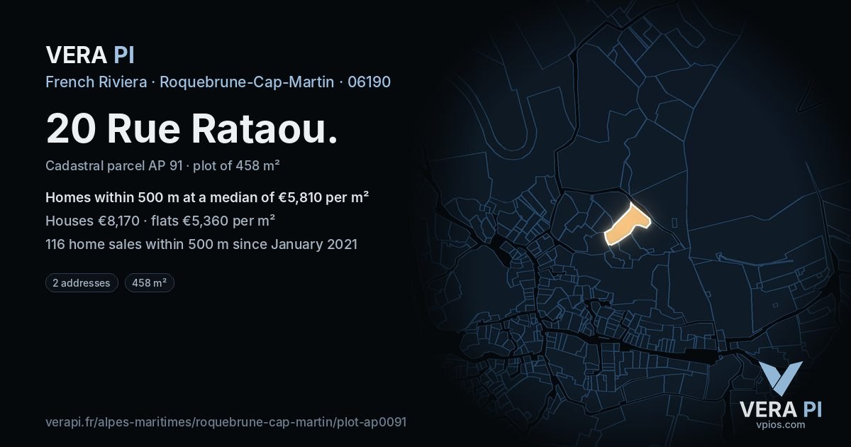 20 Rue Rataou, Roquebrune-Cap-Martin at night – the plot lit, the parcels around coloured by the prices near them