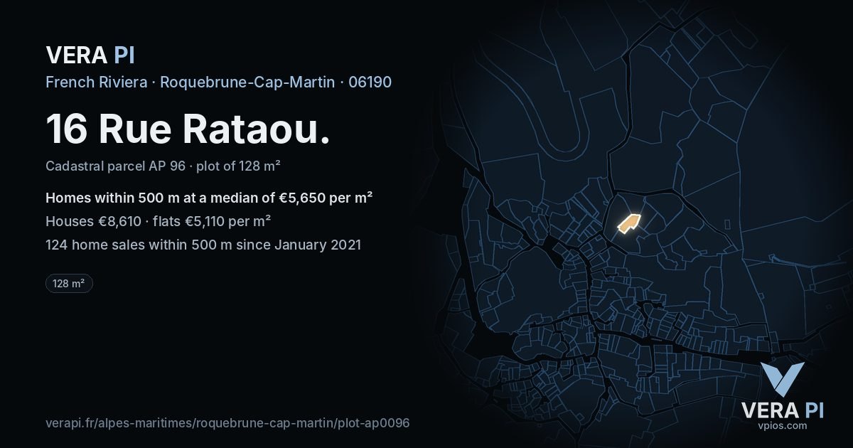 16 Rue Rataou, Roquebrune-Cap-Martin at night – the plot lit, the parcels around coloured by the prices near them