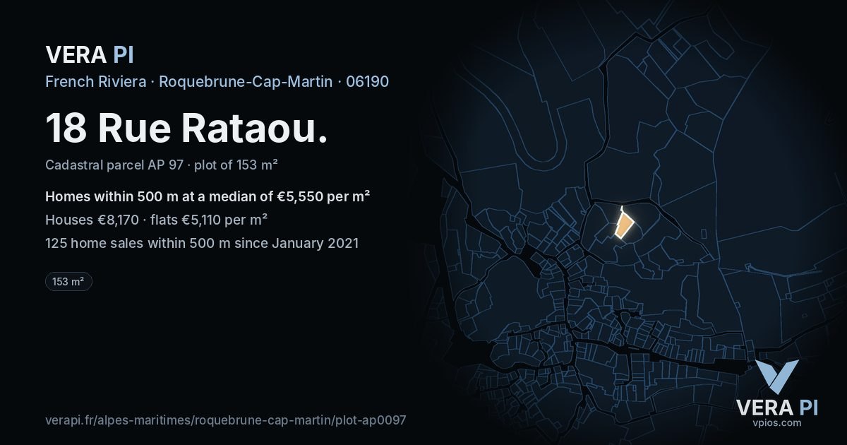 18 Rue Rataou, Roquebrune-Cap-Martin at night – the plot lit, the parcels around coloured by the prices near them