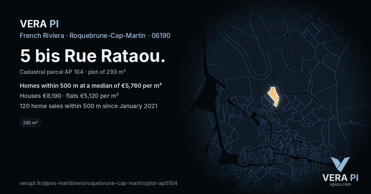 5 bis Rue Rataou, Roquebrune-Cap-Martin at night – the plot lit, the parcels around coloured by the prices near them