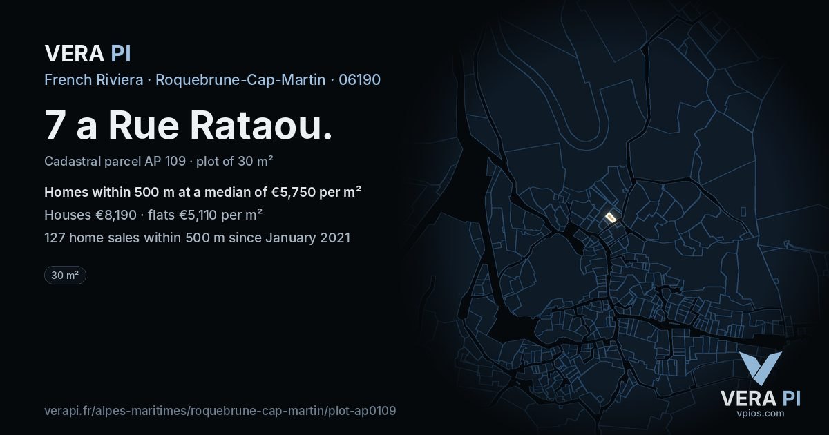 7 a Rue Rataou, Roquebrune-Cap-Martin at night – the plot lit, the parcels around coloured by the prices near them